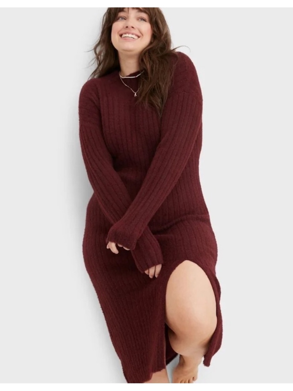 aerie Ribbed Mock Neck Sweater Dress - Wine